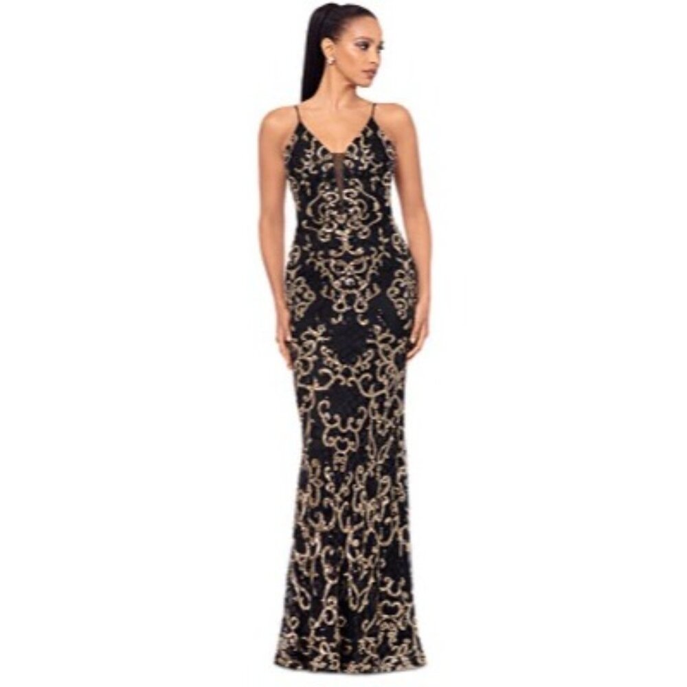 B&A By Betsy & Adam Womens Black & Gold Sequin Gown Size 6 With Spaghetti Straps